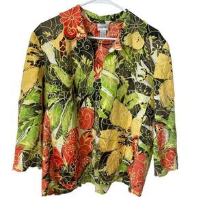 Chicos Jacket Womens XL Linen blend Orange Green Yellow Floral Embroidered